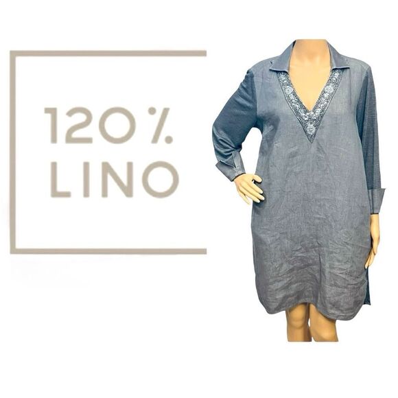 120% Lino Gray 100% Linen Dress Beaded/Collared/Neckline Shift Back/Pleat Sz L - Picture 1 of 14